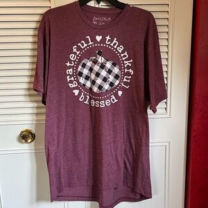 Love in Faith Plum Colored Checkered Pumpkin Tee Sz XL